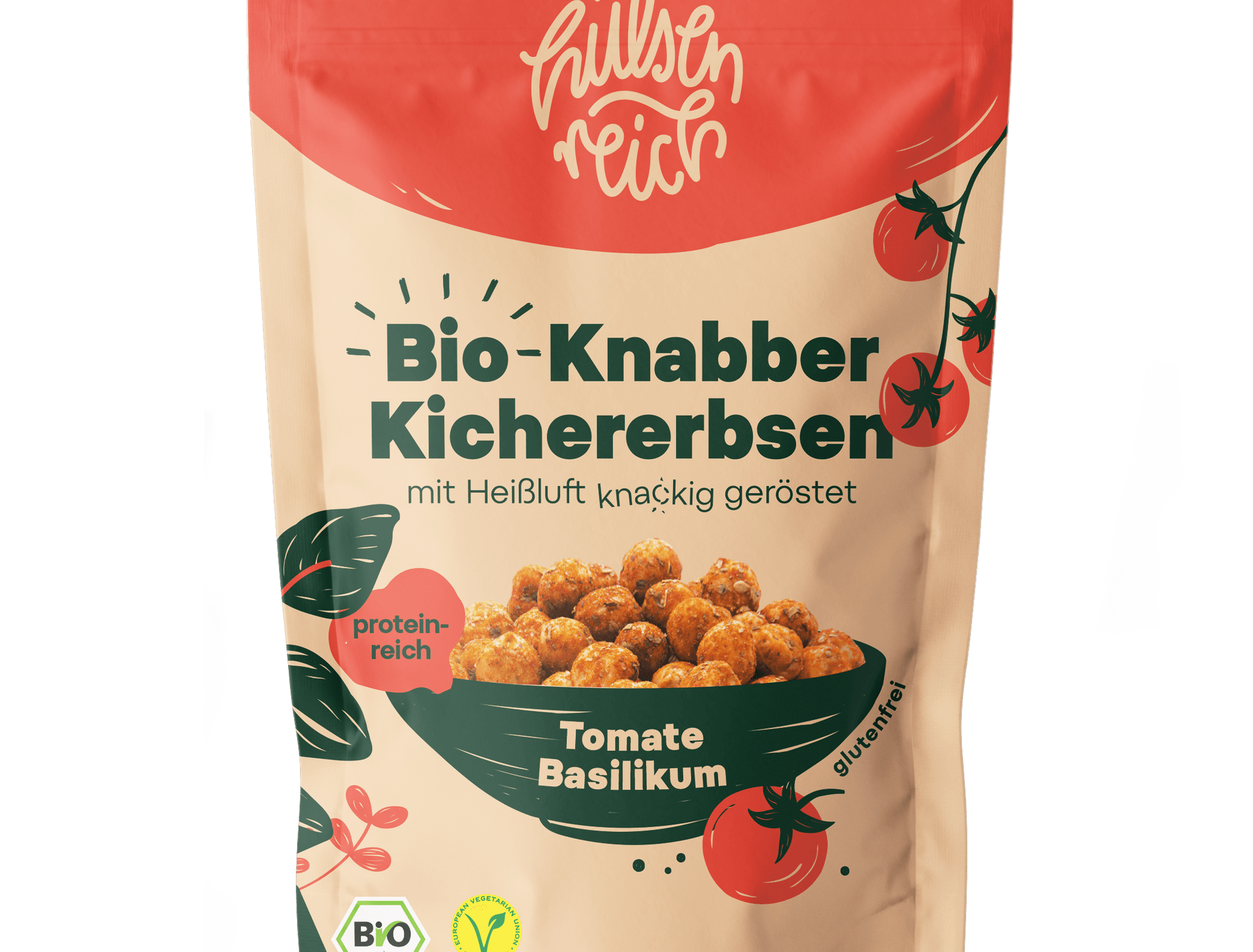 Tomate-Basilikum | Hülsenreich - Bio-Knabber-Kichererbsen - snacknest.de