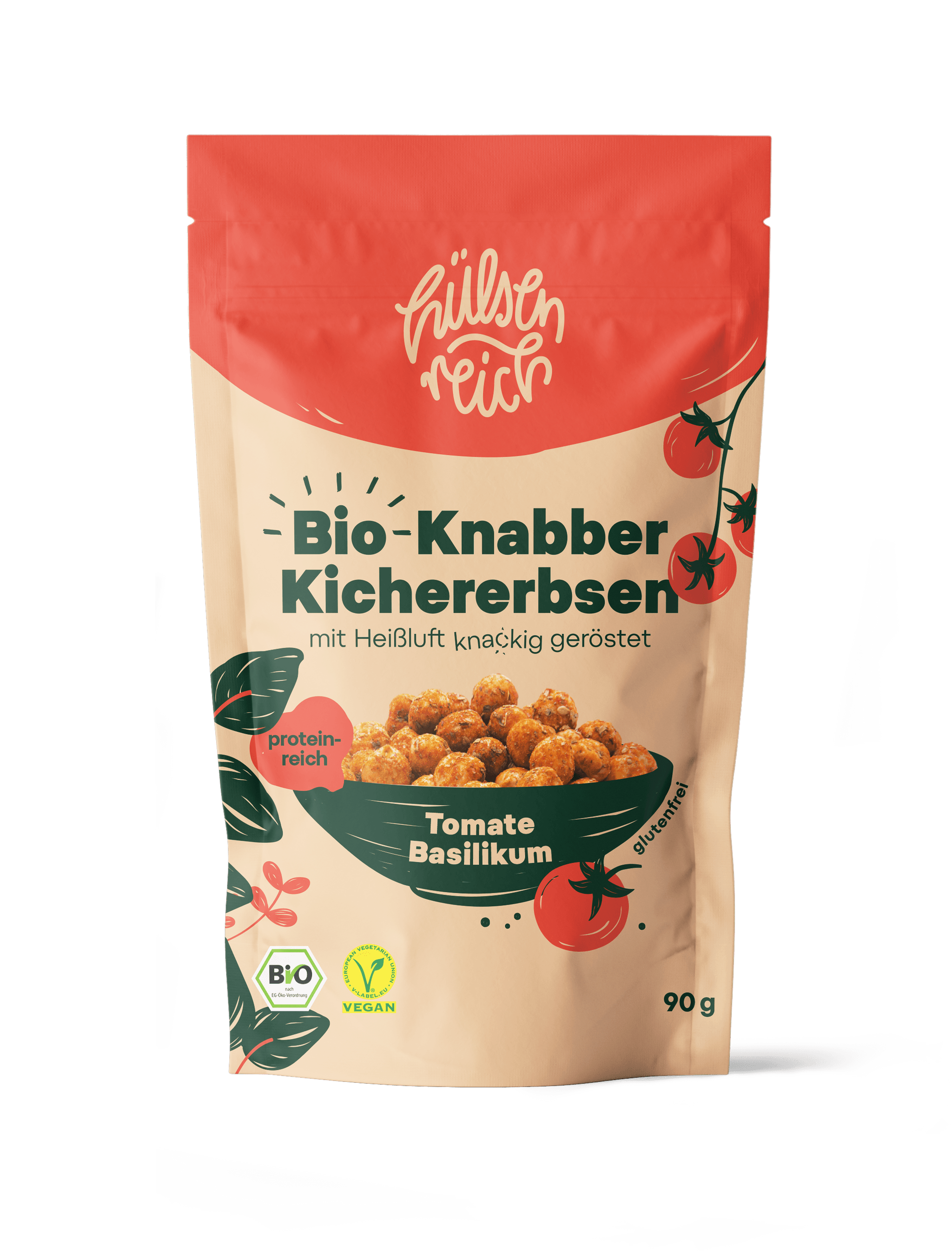 Tomate-Basilikum | Hülsenreich - Bio-Knabber-Kichererbsen - snacknest.de